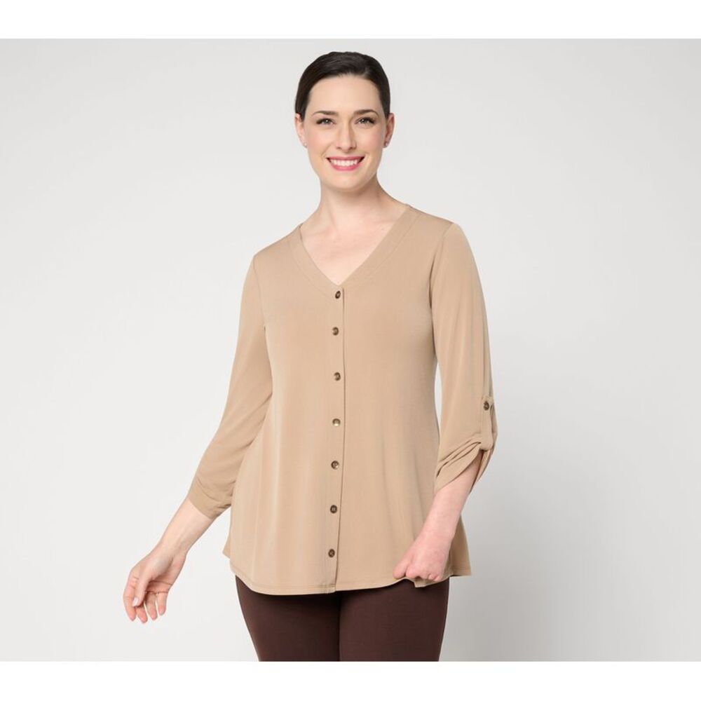 Susan Graver Women's Top Sz L Liquid Knit V-Neck Button Trimmed Brown